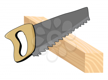 Saw that sawing a wooden board. Concept of workshop, business, fixing, home master, professional, woodworking  tools, occupation, carpentry. Manual working object. Vector, cartoon illustration on white