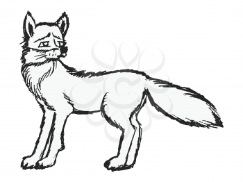 Vector, sketch illustration of fox. Black and white image. Side view. Symbol of wiliness. Motives of wildlife, forest, animals
