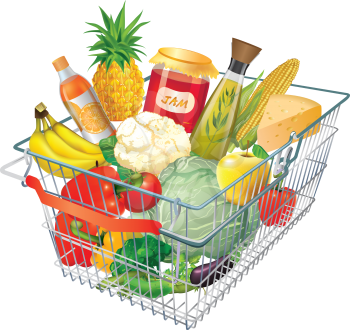 Royalty Free Clipart Image of a Shopping Basket Full of Food