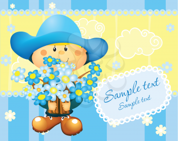 Royalty Free Clipart Image of a Little Girl in Blue Holding Flowers With Space for Text
