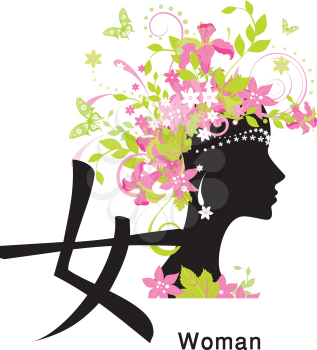 Royalty Free Clipart Image of a Japanese Hieroglyph With a Woman's Face