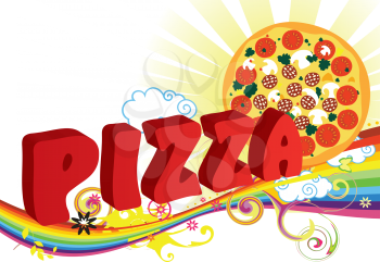 Royalty Free Clipart Image of Pizza and a Rainbow