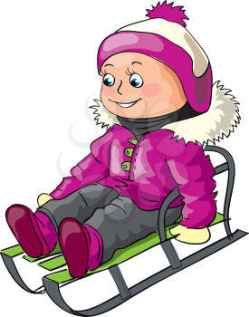 Winter illustration for children outdoor activity - a small girl riding on a sledge 
