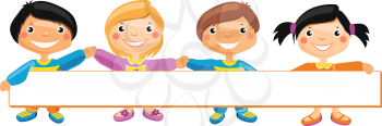 vector illustration of kids standing behind placard 