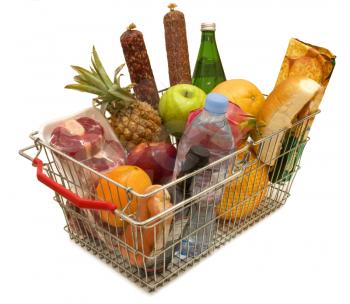 Royalty Free Clipart Image of a Grocery Basket full of Food
