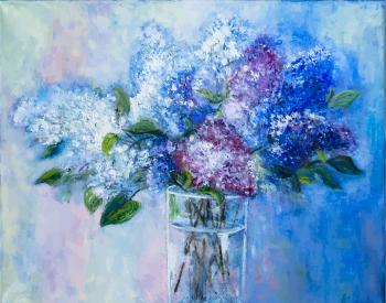 Vector picture oil paints on a canvas: a bouquet of lilac in a glass vase