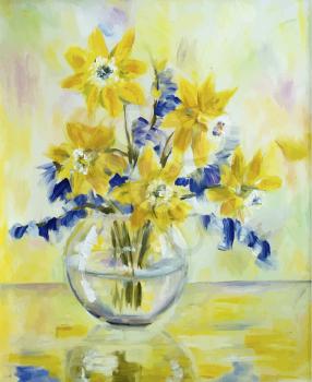 Vector picture oil paints on a canvas: a bouquet of daffodils in a glass vase