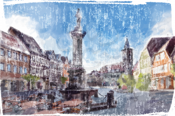Illustration of city Square. Watercolor style. 