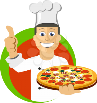 Cartoon chefs cooking, holding tray with pizza, vector illustration