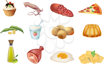 Food icon set - dessert, squid, salami, pizza, beans, yogurt, potatoes, pudding, olive oil, pork, eggs, ravioli, vector illustration