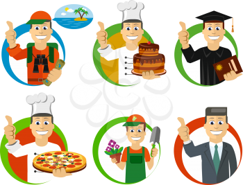 Set of icons - professions. Traveler, cook, student, gardener, businessman. Vector illustrations. 