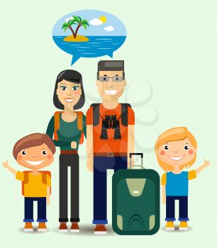 Flat Family of  Young Travelers dreaming about sunny beach. Colorful Vector Illustration