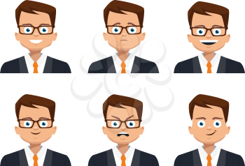 Man character design. Businessman isolated on white background. Businessman character design. Businessman with different facial expressions.