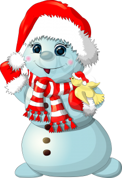 Fun snowman isolated – stock illustration. Christmas snowman. Snowman with bird. Snowman with Santa's hat