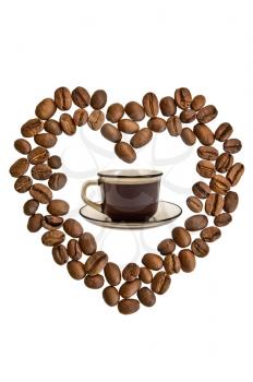 Royalty Free Photo of a Coffee Bean Heart Around a Cup of Coffee