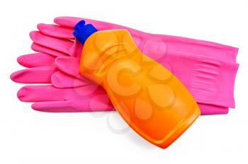 Royalty Free Photo of an Orange Bottle on Pink Gloves