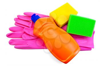 Royalty Free Photo of an Orange Bottle, Plastic Gloves and Sponges