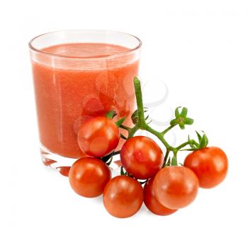 Royalty Free Photo of Cherry Tomatoes on a Vine and Tomato Juice