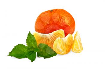 Royalty Free Photo of a Mandarin Orange, Three Pieces and Mint