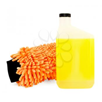 Royalty Free Photo of an Orange Cleaning Mitt and a Yellow Fluid in a Bottle