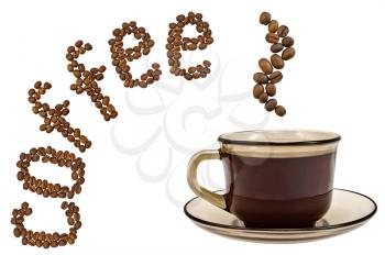 Brown cup of coffee, steam, and the word of the grains isolated on a white background