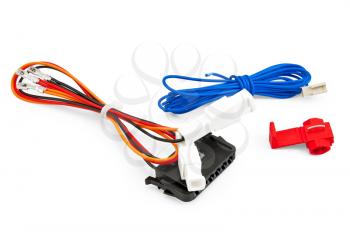 Blue, red, orange and black connecting wires to the terminals and connectors isolated on a white background