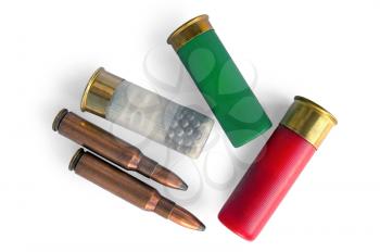 White translucent, green, red arms cartridges, two cartridges for the carbine isolated on a white background