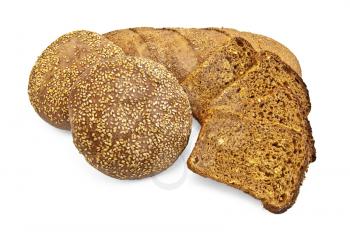 Loaf of rye bread, two rye rolls with sesame seeds, slices of rye bread with grains isolated on a white background