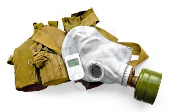 Gas mask, a green bag and a radiometer is isolated on a white background