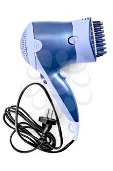 Blue hair dryer with comb nozzle and black wire with a fork isolated on white background