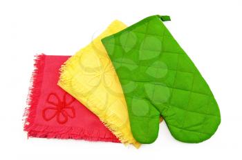 Kitchen towels yellow and red, green potholder in the form of gloves isolated on white background