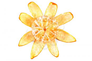 Purified mandarin at carved in the shape of a flower peel isolated on a white background (view on top)