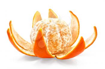Purified mandarin at carved in the shape of a flower peel isolated on a white background