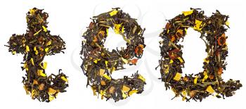 The word tea from a mixture of black and green tea powder with petals of sunflower, rose, rose hips and papaya isolated on white background