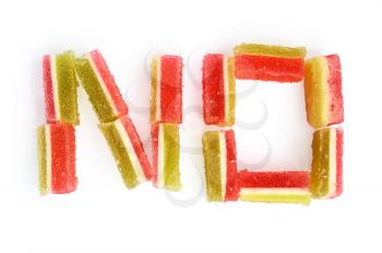 The word no out of a multi-colored jelly isolated on a white background