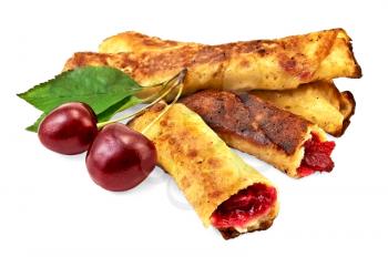 Pancakes with cherry filling, two cherries with green leaves isolated on white background