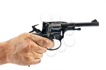 Black revolver in the man's hand isolated on white background