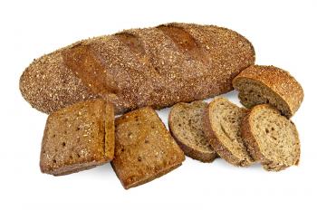 Baton rye bread, two square rye buns, hunks of rye bread isolated on white background