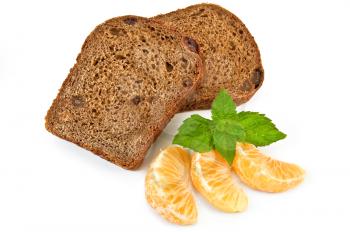 Two slices of rye bread with raisins, three segment of mandarin, mint sprig isolated on a white background
