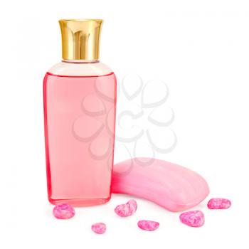 Bottle of pink shower gel, pink soap, bath salt is isolated on a white background