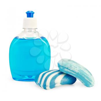Blue liquid soap in a bottle, two pieces of blue striped and spotted soap isolated on white background