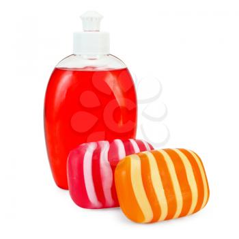 Red liquid soap in a bottle, solid red and orange striped soap isolated on white background