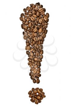 The exclamation point of the coffee beans isolated on white background