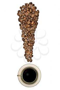 The exclamation point of the coffee beans with a cup of drink on top isolated on white background