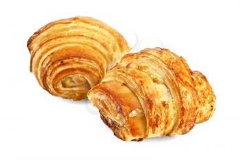 Two golden croissant isolated on a white background
