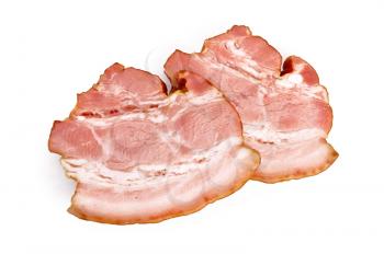 Two slices of bacon with white streaks of fat is isolated on a white background