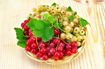 Sprigs of red and white currants with green leaves in a wicker tray on a light wooden board