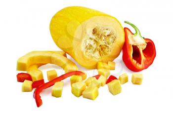 Cut the yellow squash and red bell peppers isolated on white background