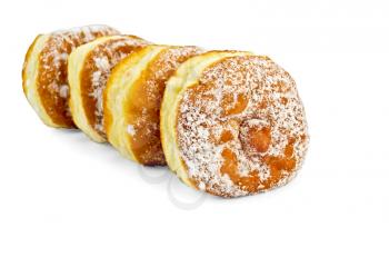 A series of four donuts sprinkled with powdered sugar isolated on white background