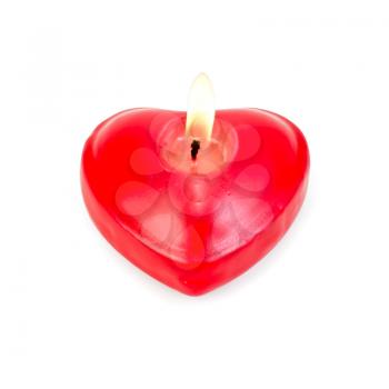 One red candle burning in heart shape isolated on white background